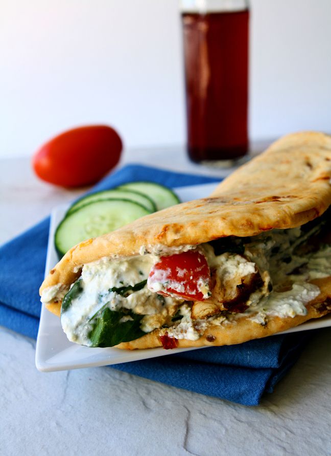 Grilled chicken gyro recipe with sun-dried tomato pita bread. Easy, healthy and delicious with homemade pita bread and a tangy light whipped feta spread | www.heavenlyhomecooking.com