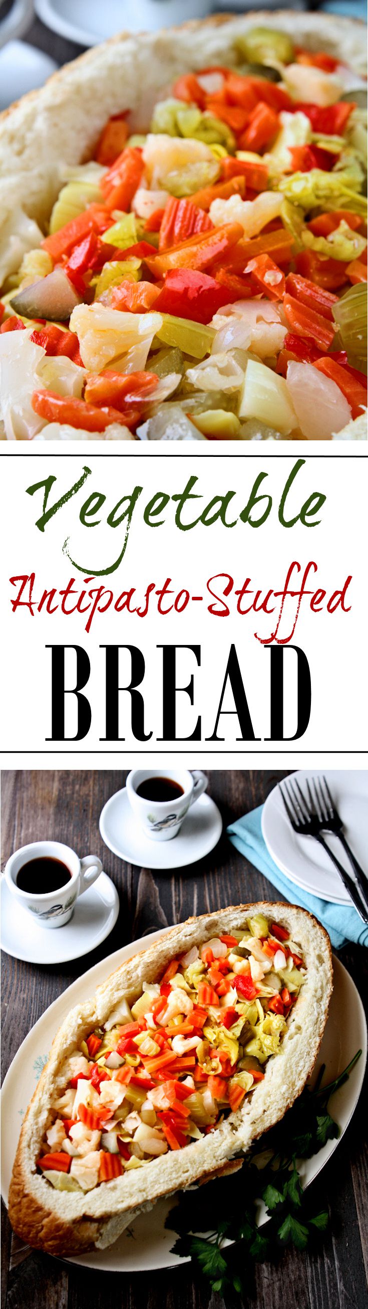 Vegetable Antipasto-Stuffed Bread | This is such a tasty vegetarian antipasto stuffed bread. Plus, you can pull this delicious appetizer together in 30 minutes or less! | heavenlyhomecooking.com