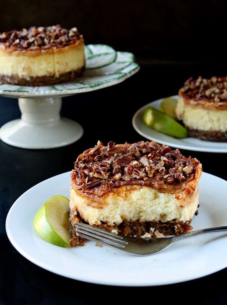 Apple Pecan Cheesecake | Creamy and delicious individual cheesecakes topped with cinnamon, apples and pecans | heavenlyhomecooking.com