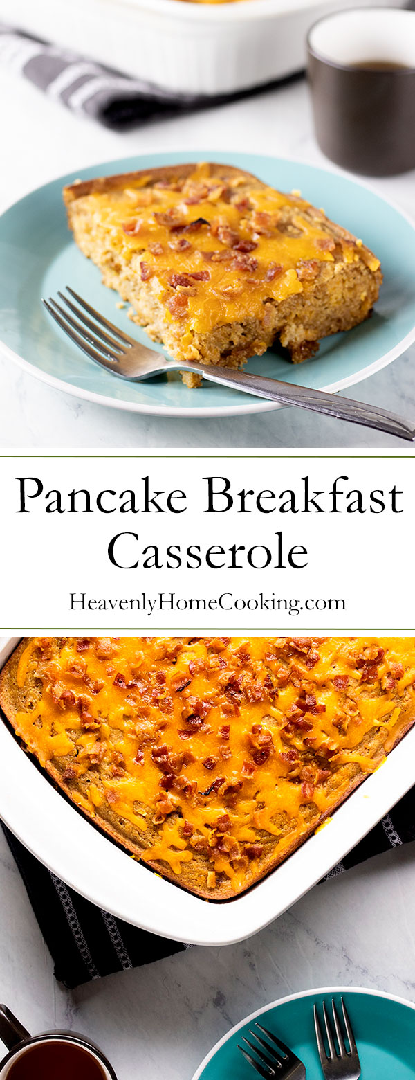 Pancake Breakfast Casserole | This hearty and healthy whole grain pancake breakfast casserole packs 15 grams of protein that will keep you satisfied all morning. It's the perfect brunch recipe idea that will free you from the griddle so that you can enjoy the company of your guests. It is also a great make ahead and freeze breakfast recipe. Serve with warm maple syrup. | www.heavenlyhomecooking.com