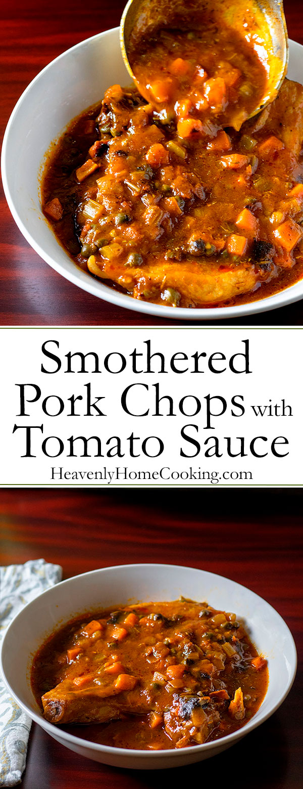 Smothered Pork Chops with Tomato Sauce | Richly flavorful smothered pork chops featuring an herbed tomato sauce. The pork chops cook in the sauce making them fall-off-the-bone tender and moist. Consider these pork chops for your next brunch gathering. | www.heavenlyhomecooking.com