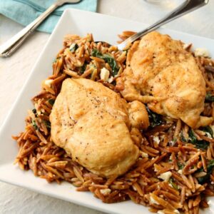 A simple and delicious one skillet chicken and orzo pasta dish for two. The ideal weeknight supper. You can have this on the table in less than 45 minutes.