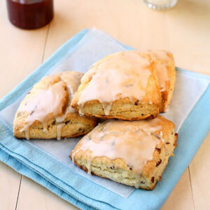 Maple pecan scones on a blue plate