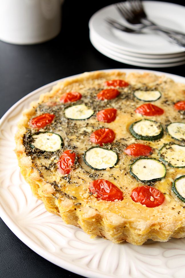 Quiche Provencale | Flavorful quiche featuring zucchini, tomatoes, Parmesan cheese and herbes de Provence. This beautiful quiche is both nutritious and delicious! | heavenlyhomecooking.com