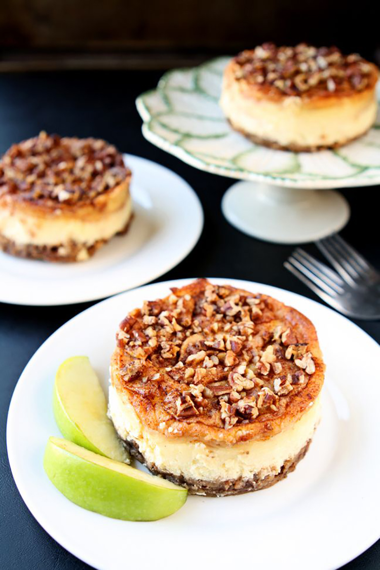 Apple Pecan Cheesecake | Creamy and delicious individual cheesecakes topped with cinnamon, apples and pecans | heavenlyhomecooking.com