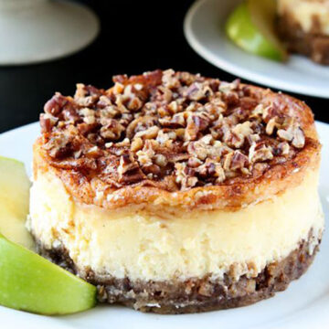 Apple Pecan Cheesecake | Creamy and delicious individual cheesecakes topped with cinnamon, apples and pecans | heavenlyhomecooking.com