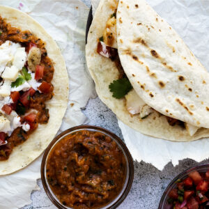 Grilled cod fish tacos with roasted tomato salsa