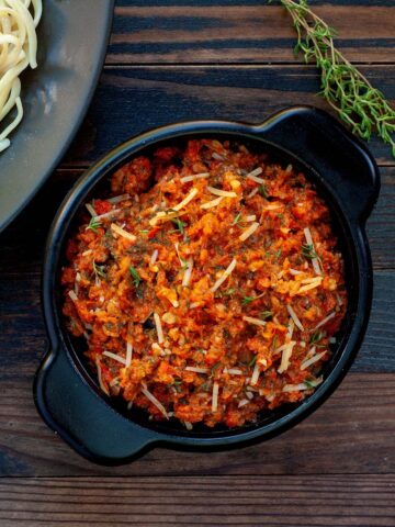 Overhead photo of pesto in a bowl