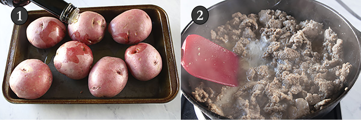 Oil being poured on red potatoes in a baking pan and sausage being cooked in a skillet