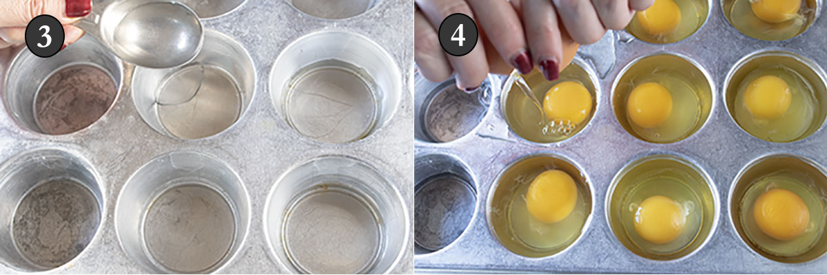 Water being added to each well of a muffin tin and eggs being cracked into each well of a muffin tin
