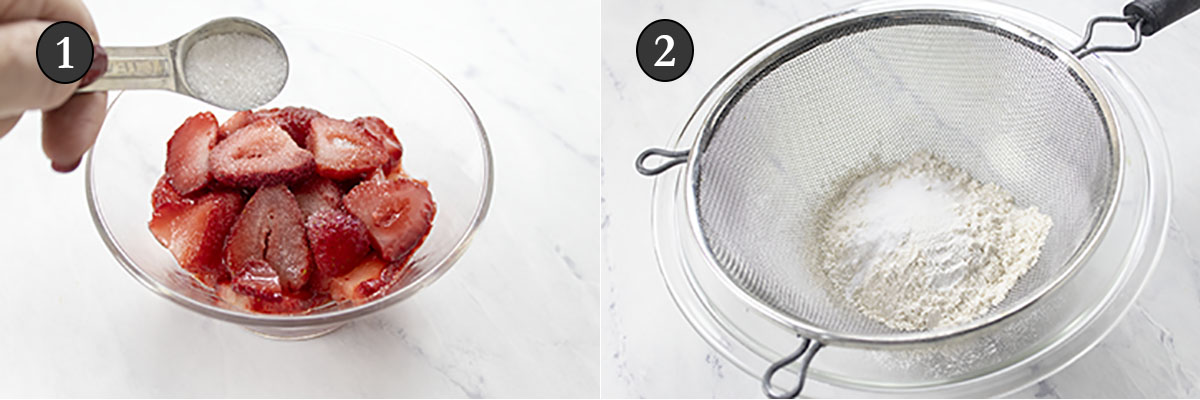 Adding sugar to strawberries in a glass bowl and dry ingredients in a sifter