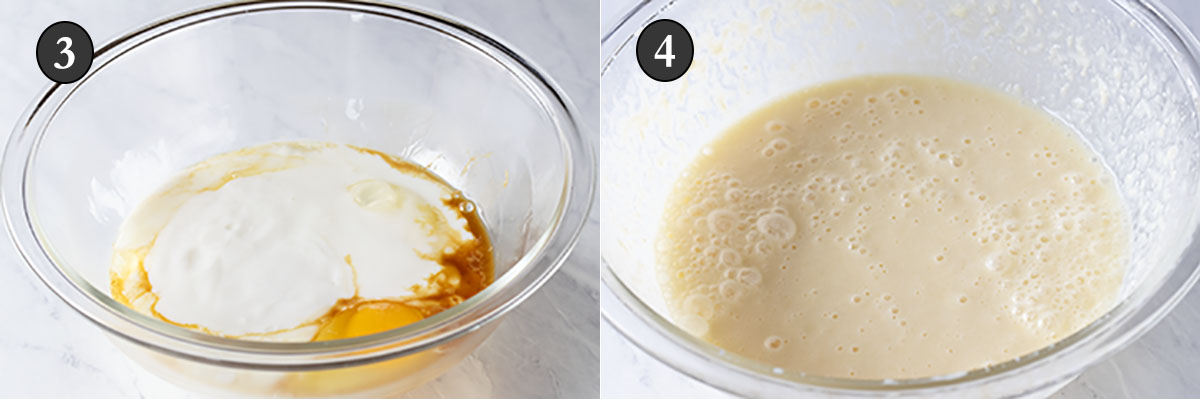 Wet ingredients unstirred in a glass bowl and wet ingredients in a glass bowl with frothy bubbles.