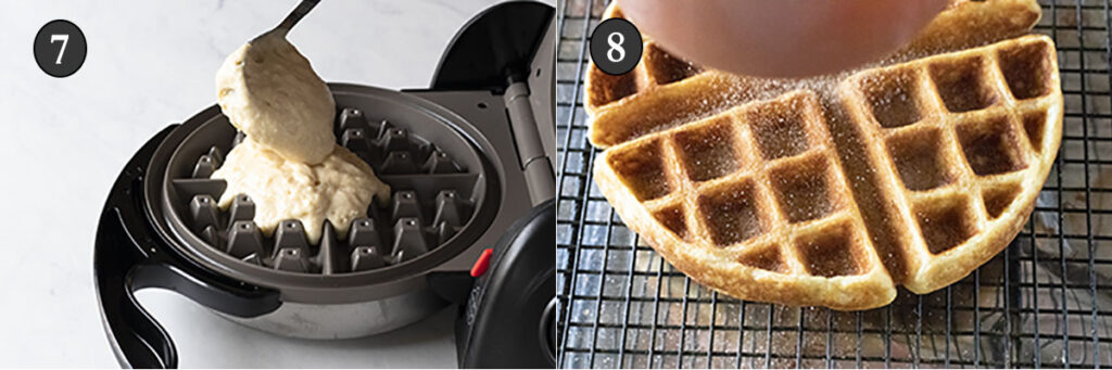 Batter being poured into waffle iron and cooked waffle being dusted with cinnamon sugar.