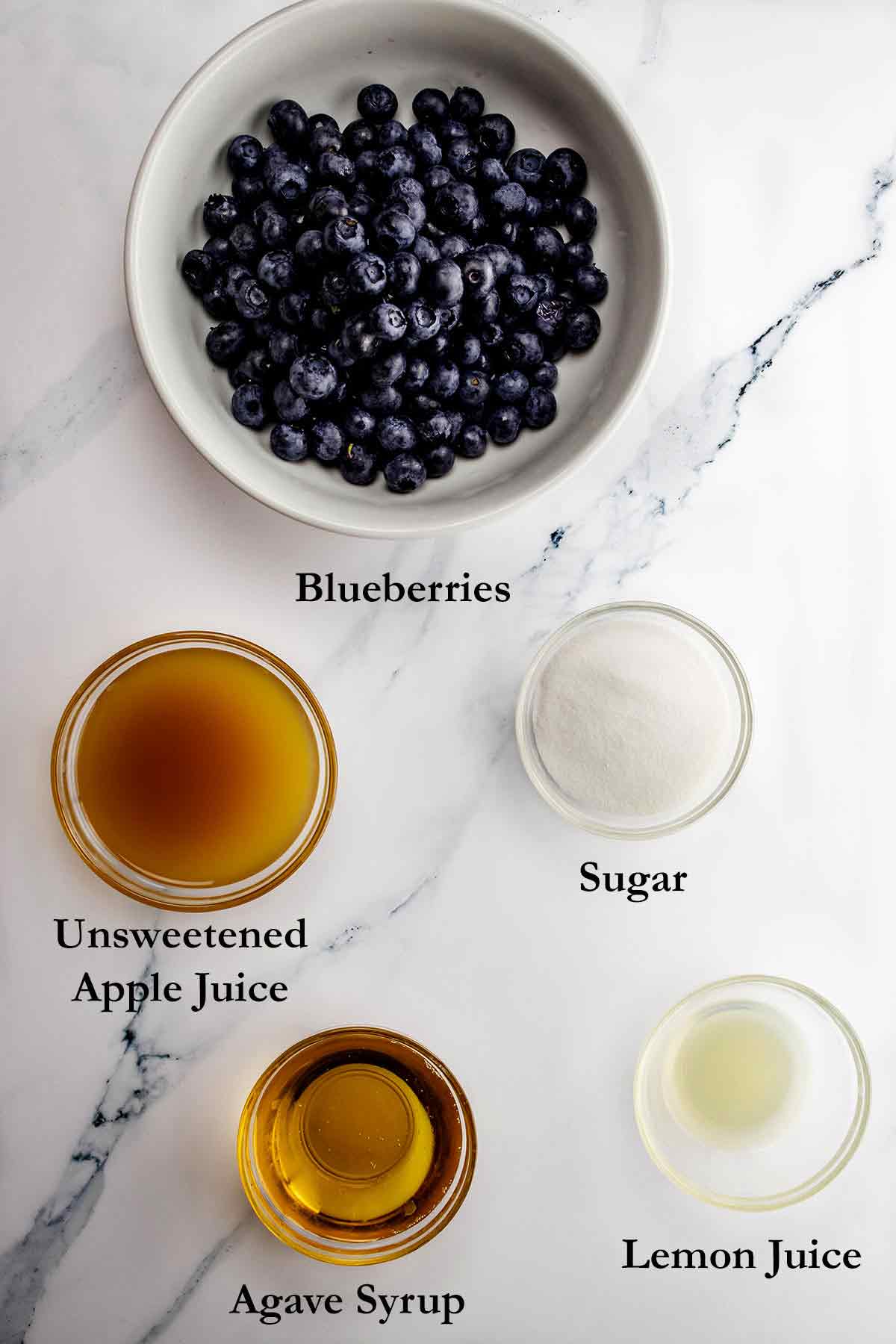 Overhead view of blueberry syrup ingredients