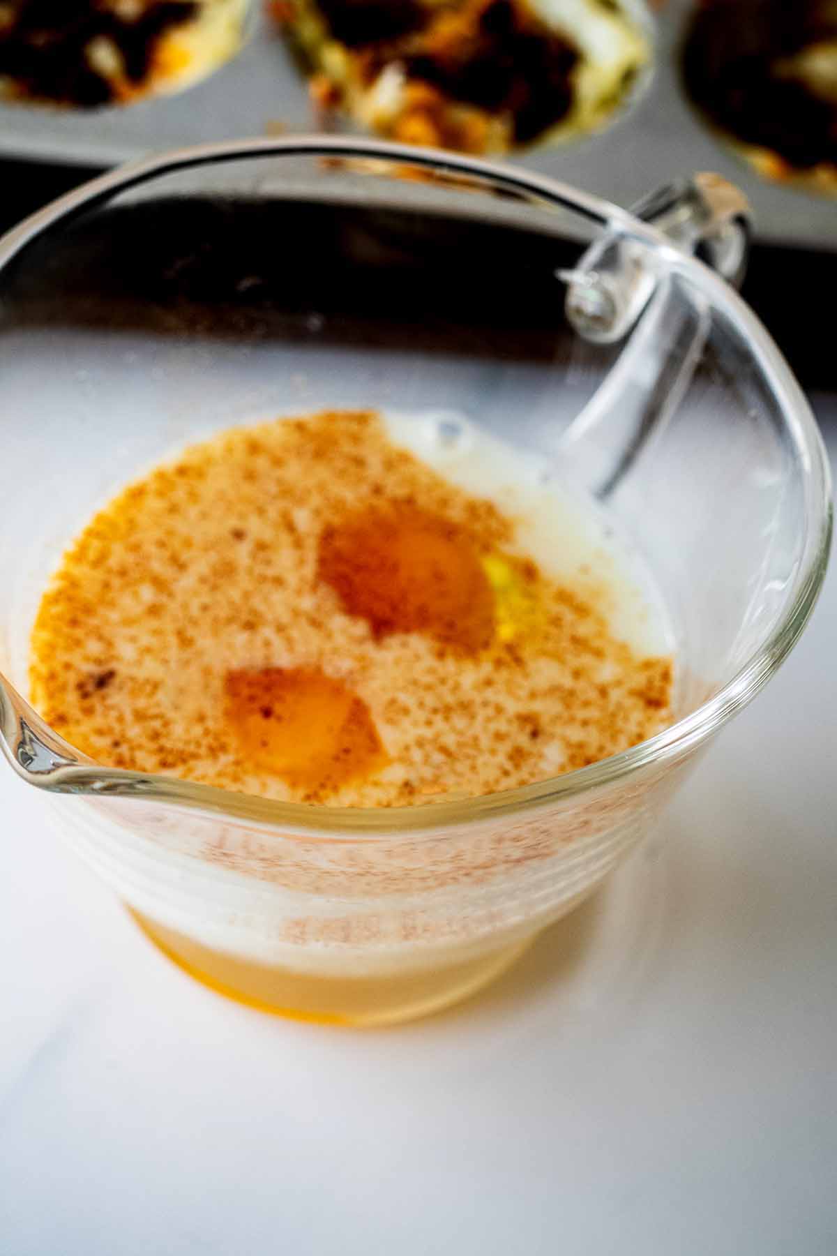 Egg mixture in a glass carafe