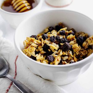 Blueberry granola in a white bowl