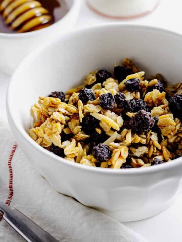 Blueberry granola in a white bowl
