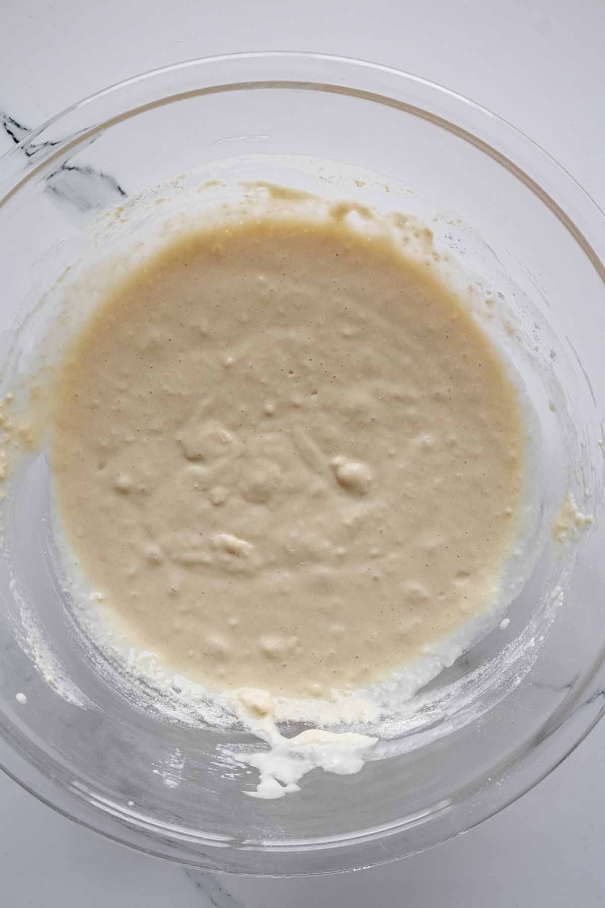 Pancake batter in a glass bowl