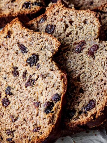 Closeup of banana raisin bread slices