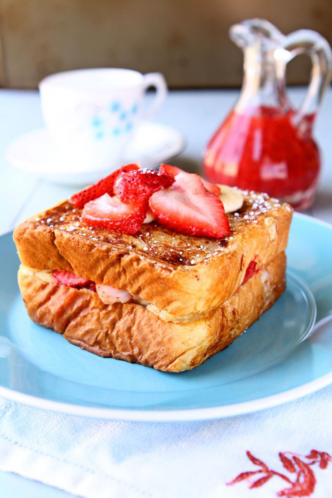 Stuffed French toast on a blue plate