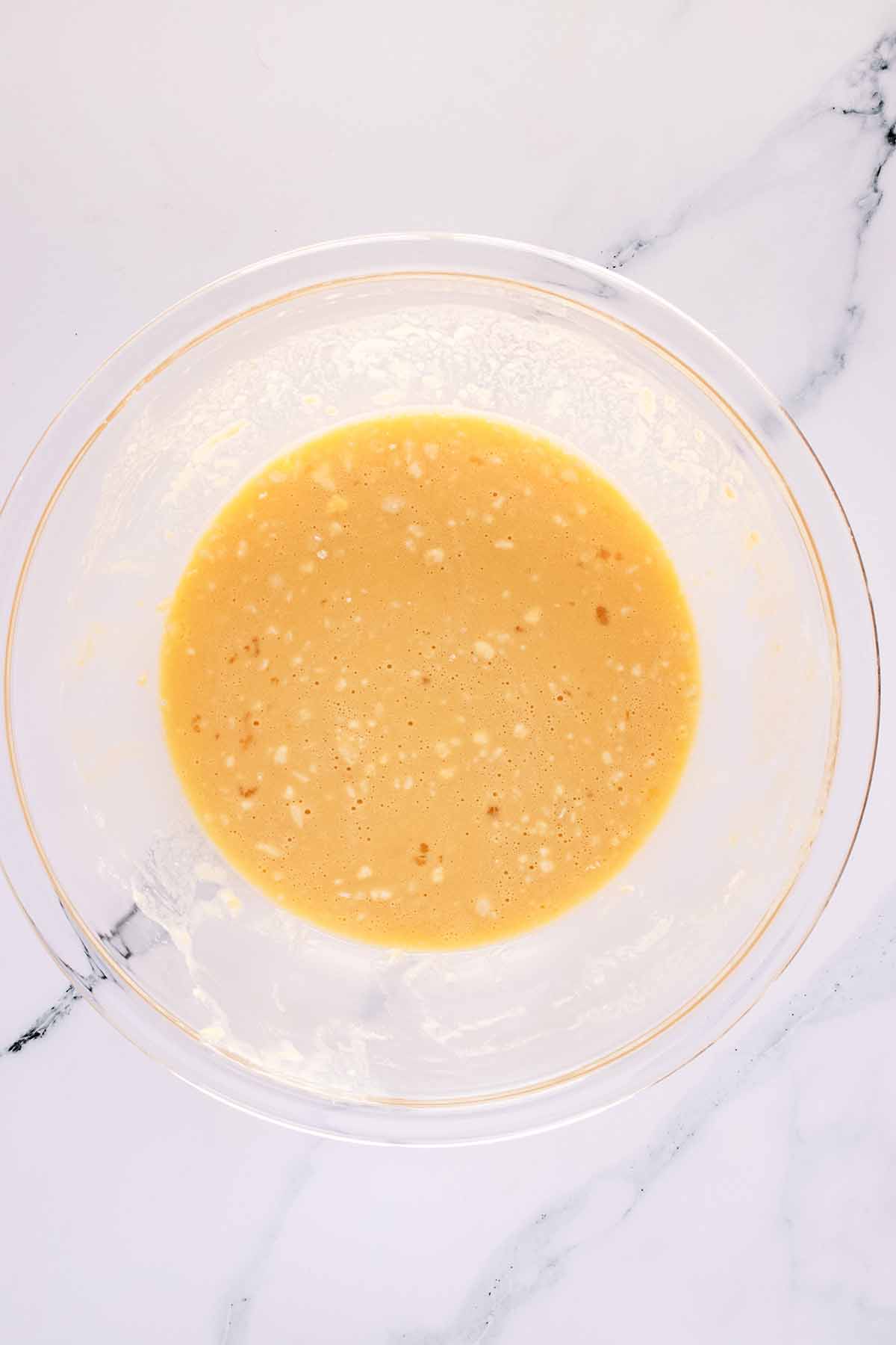 Overhead view of batter in a glass bowl