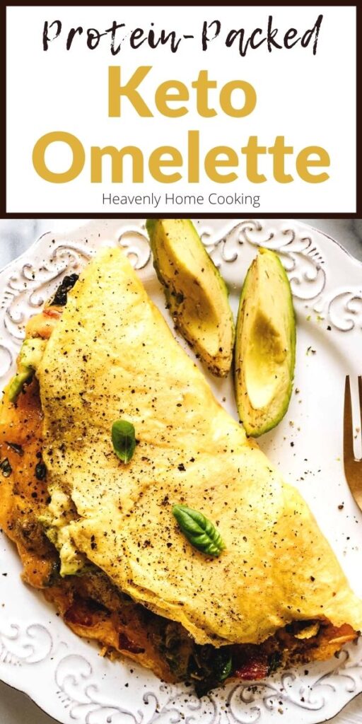 Overhead view of keto omelette on a white plate with text overlay "Protein-packed keto omelette"