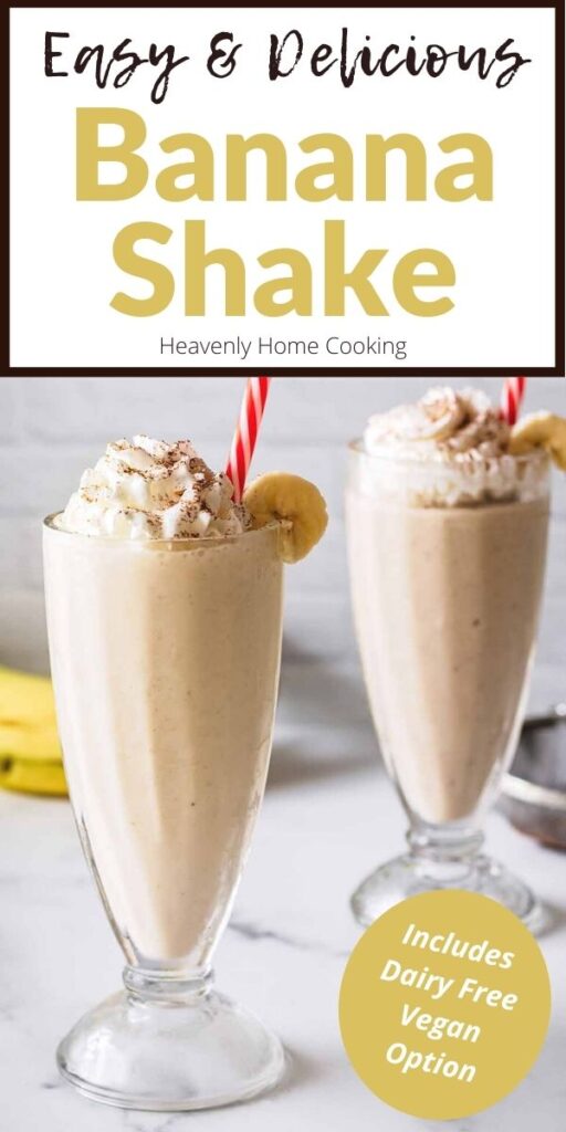 Two banana shakes in tall glasses with red and white straws with text overlay "Easy & Delicious Banana Shake"