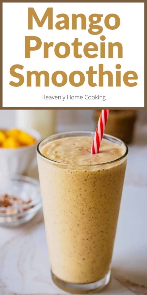 Smoothie in a tall glass with a red and white straw with text overlay that says, "Mango Protein Smoothie."