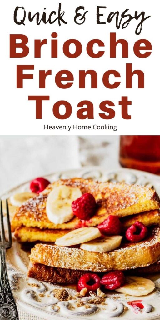 Stack of brioche French toast topped with sliced bananas and raspberries on a white plate with a fork.