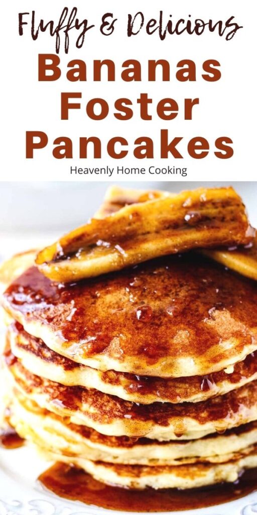 Stack of pancakes on a white plate with text overlay that says, 