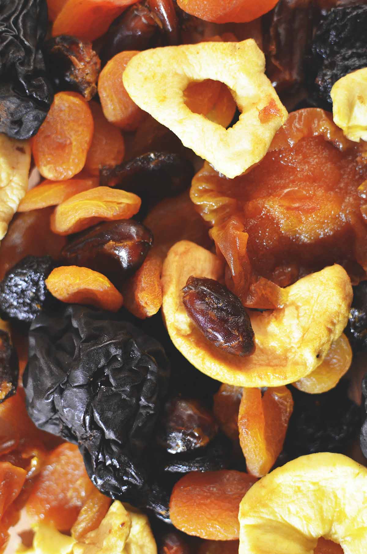 Close up of various dried fruits.