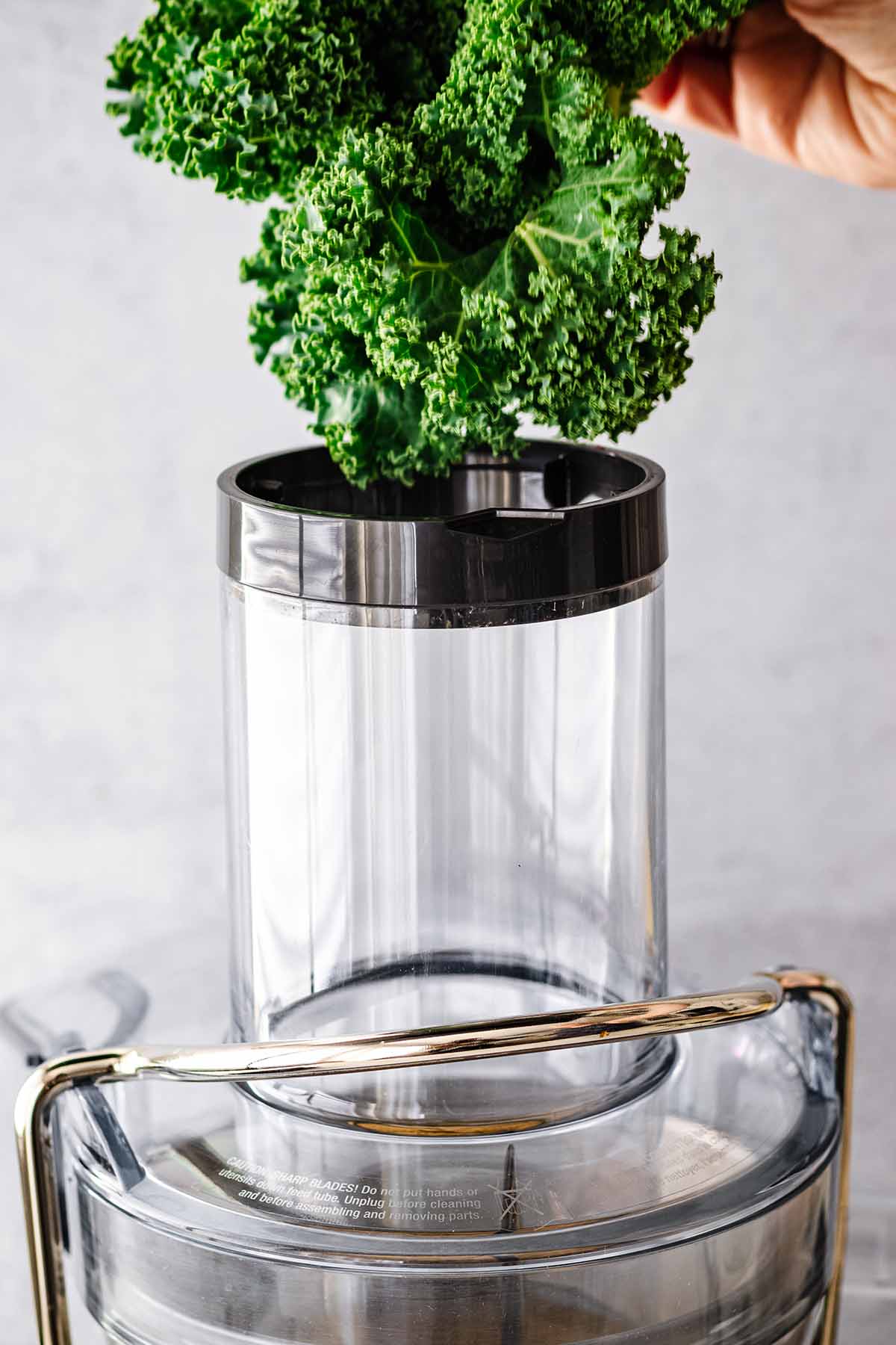 Kale being added to the chute of a juice extractor.