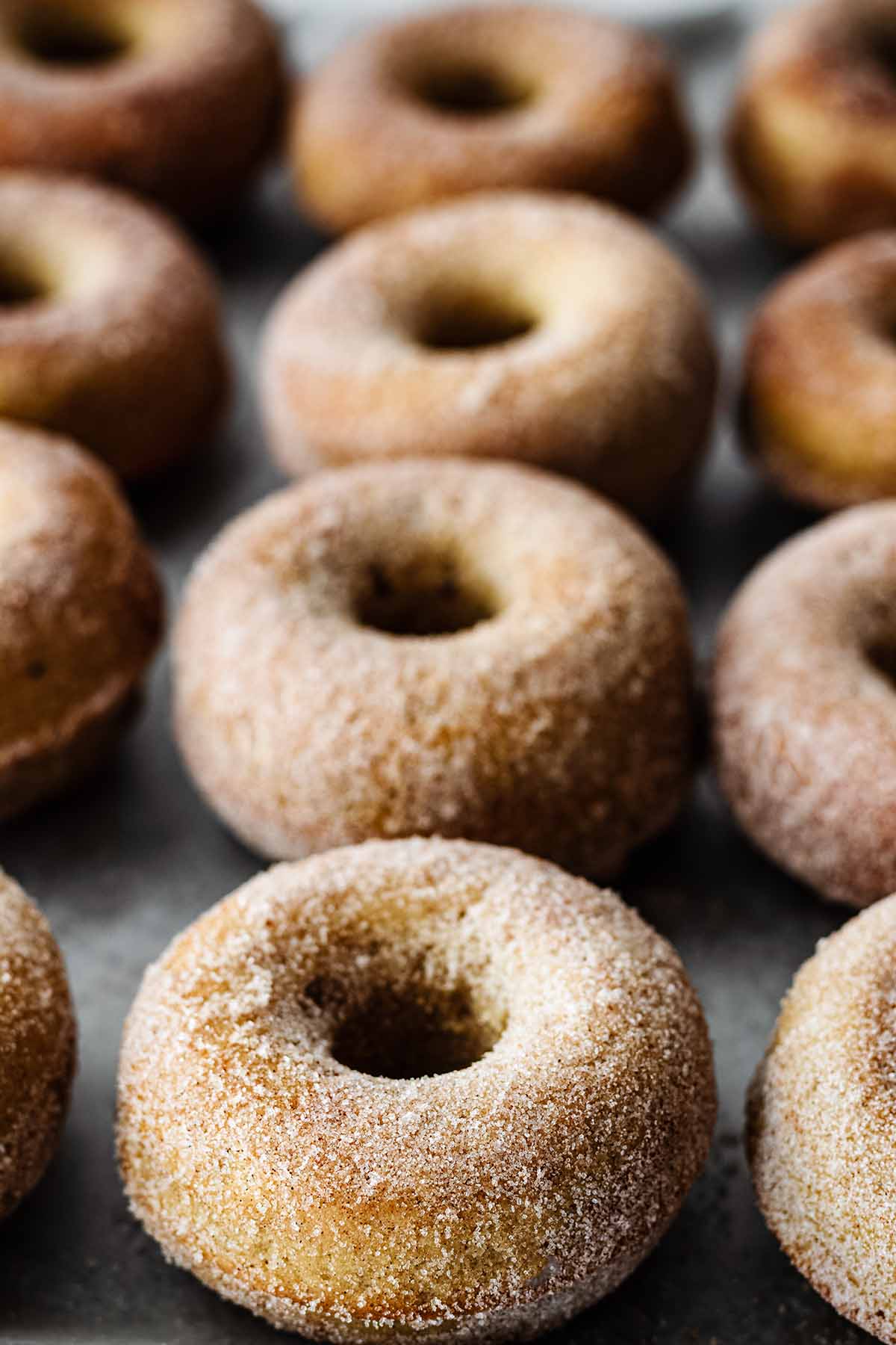 Gluten free apple cider donuts lined up on a baking sheet.