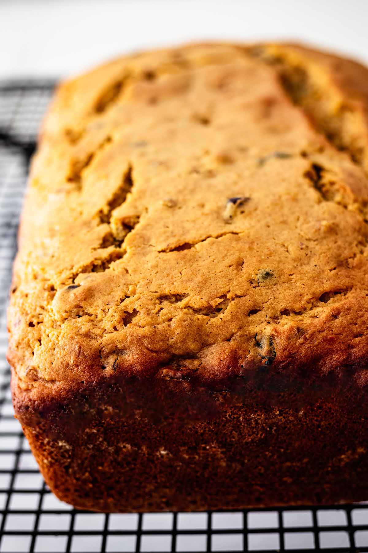 Close up of a loaf of cranberry orange bread cooling on a wire rack.
