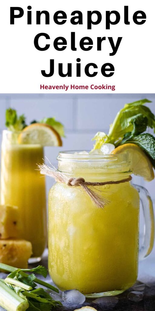 Pineapple celery juice in a jar mug garnished with celery greens, fresh mint, and a lemon slice.