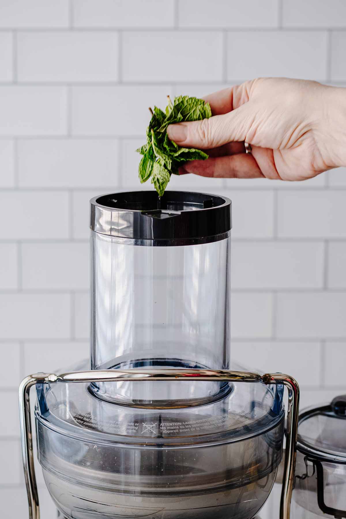 Fresh mint leaves being added to the chute of a juice extractor.