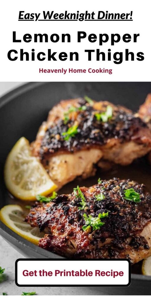 Close up of four cooked lemon pepper chicken thighs garnished with chopped parsley in a skillet with lemon slices.