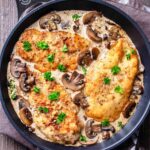 Closeup overhead view of three cooked chicken cutlets in mushroom sauce in a large skillet