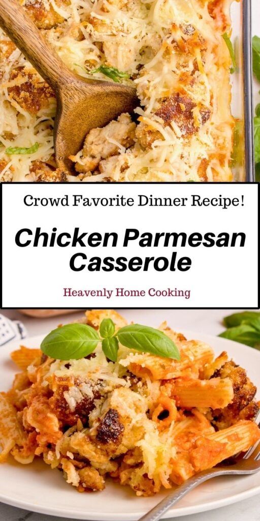 Serving of chicken Parmesan casserole garnished with basil leaves on a white plate with a fork.