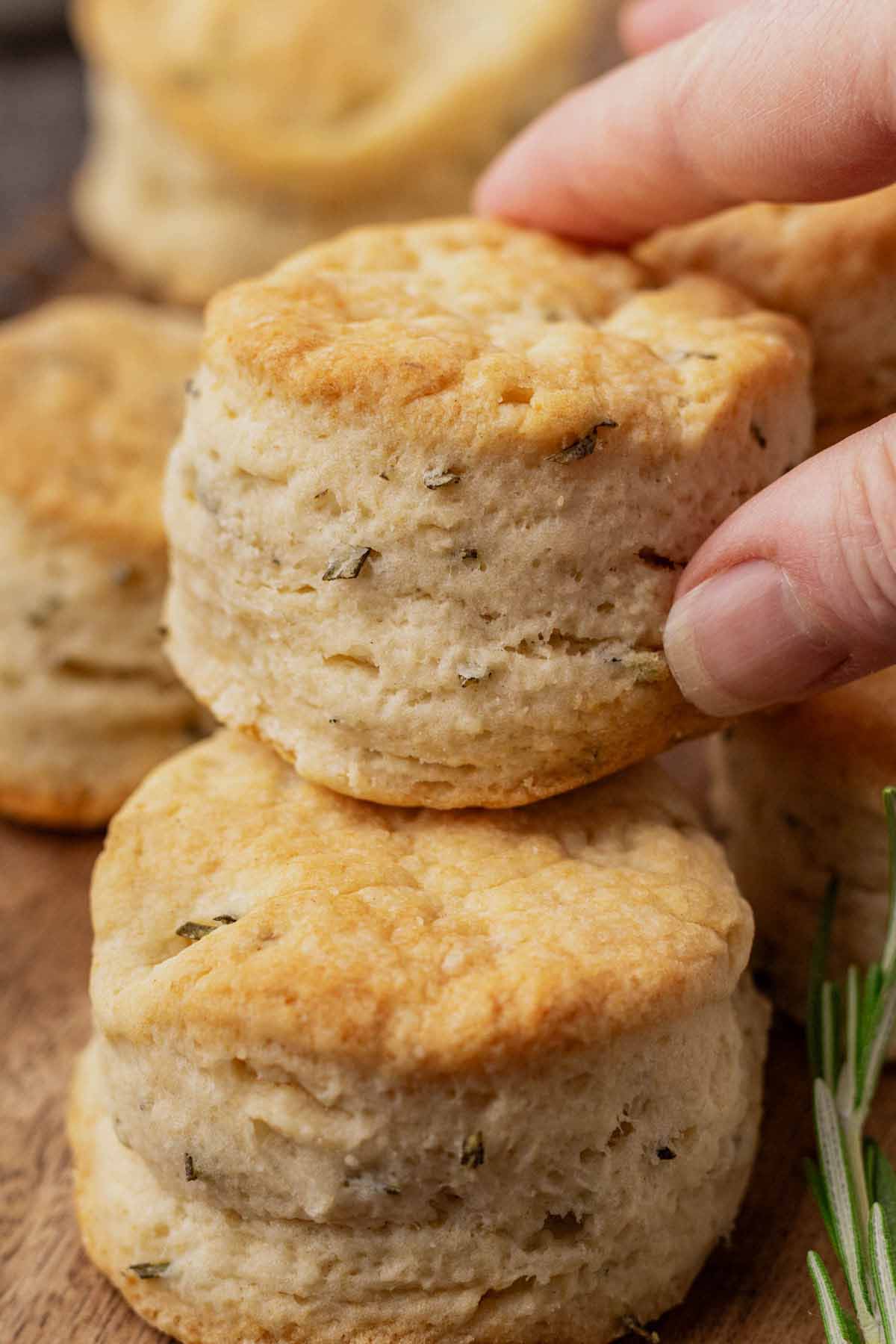 Stack of two rosemary biscuits with a hand reaching in to take one