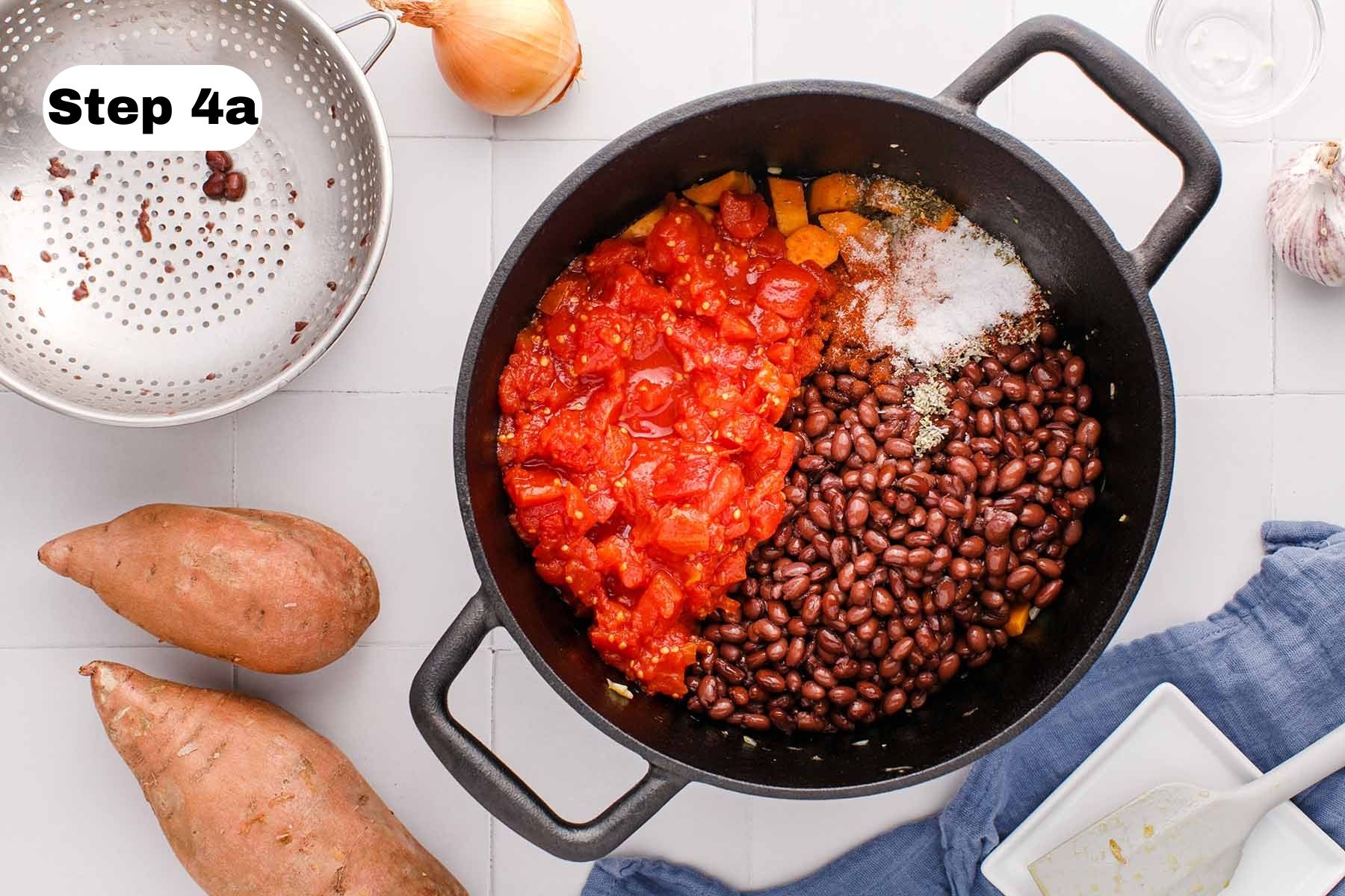 Black beans, diced tomatoes, and spices in a soup pot