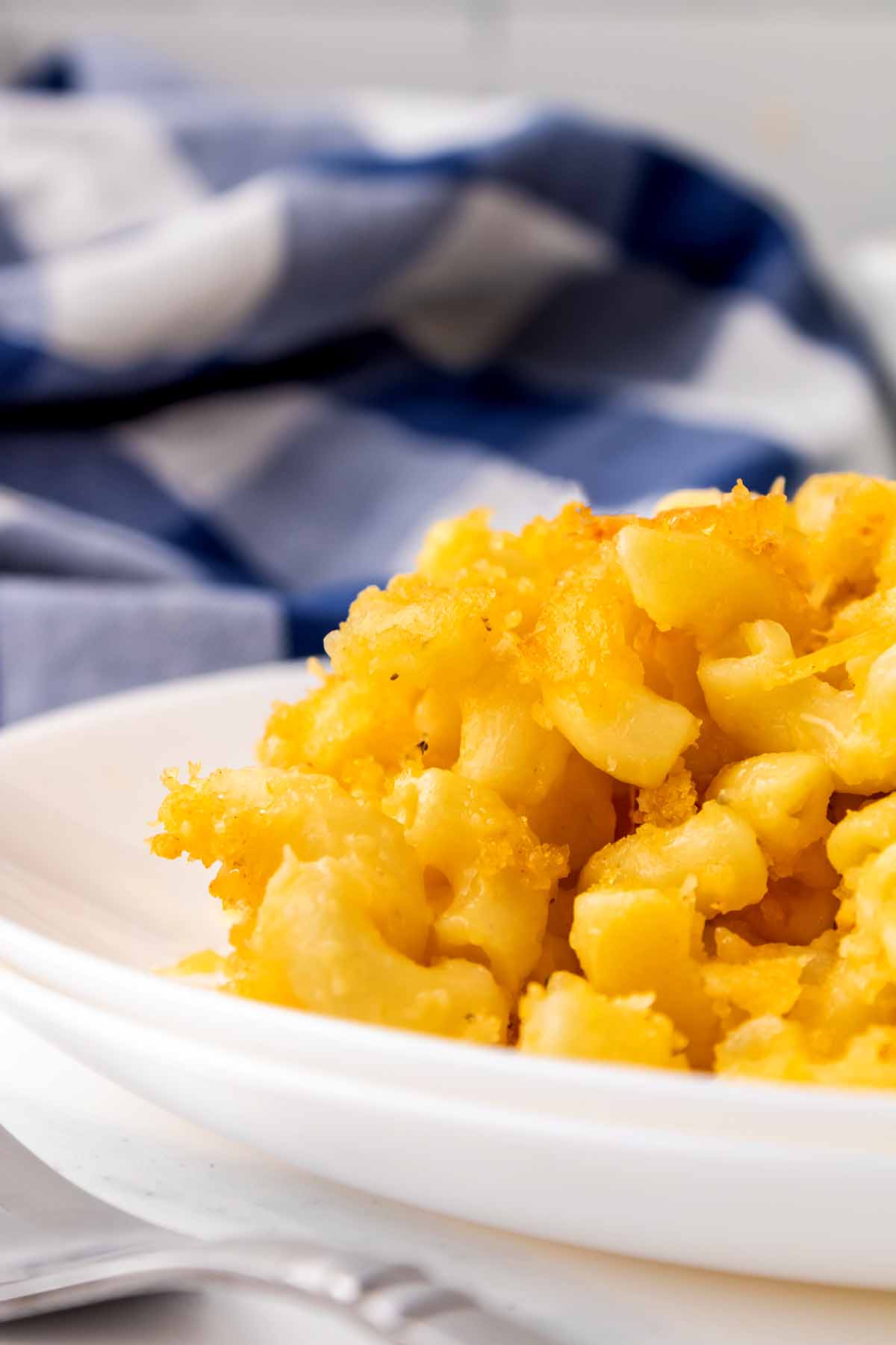 A close-up of creamy baked macaroni and cheese with a golden, crispy topping, served on a white plate with a blue checkered cloth in the background.