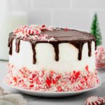 Chocolate peppermint cake decorated with a chocolate ganache drip and topped with crushed peppermint candy. The bottom of the cake is coated with more crushed peppermint, creating a festive and colorful presentation.