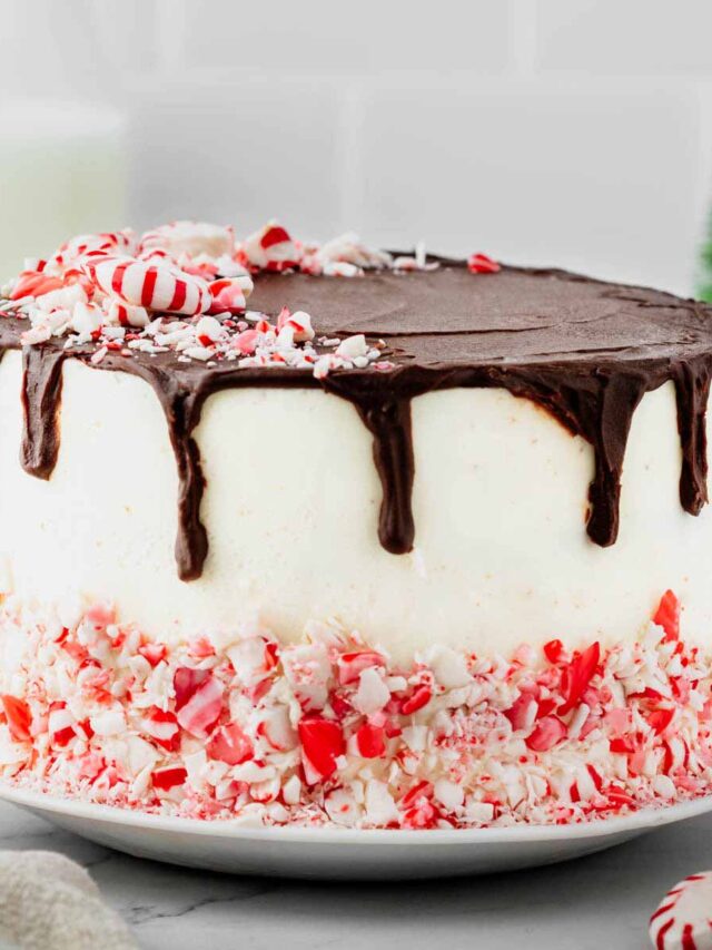 Chocolate peppermint cake decorated with a chocolate ganache drip and topped with crushed peppermint candy. The bottom of the cake is coated with more crushed peppermint, creating a festive and colorful presentation.