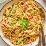 A top-down view of a bowl of sesame noodle salad, filled with creamy noodles, roasted edamame, red bell pepper, carrots, purple cabbage, and garnished with crushed peanuts, sesame seeds, and fresh green onions. Two silver forks rest on the side of the bowl.