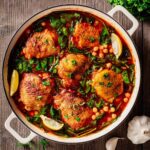 Mediterranean braised chicken in a white Dutch oven with golden-brown chicken thighs, garbanzo beans, spinach, and a rich tomato-based sauce, garnished with parsley and lemon wedges.