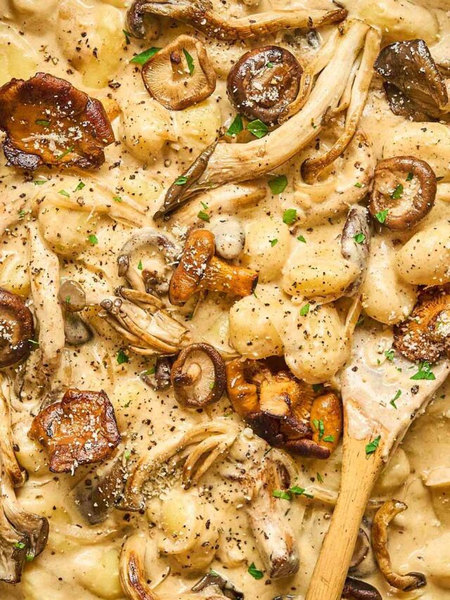 A creamy bowl of Mushroom Stroganoff Gnocchi garnished with sautéed mushrooms, freshly cracked black pepper, and parsley, showcasing tender gnocchi coated in a rich sauce.