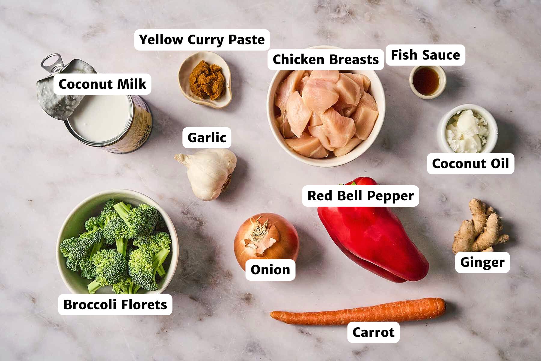 Labeled ingredients for Yellow Curry Chicken with Vegetables on a marble surface, including chicken, coconut milk, curry paste, fish sauce, coconut oil, garlic, ginger, onion, red bell pepper, carrot, and broccoli.