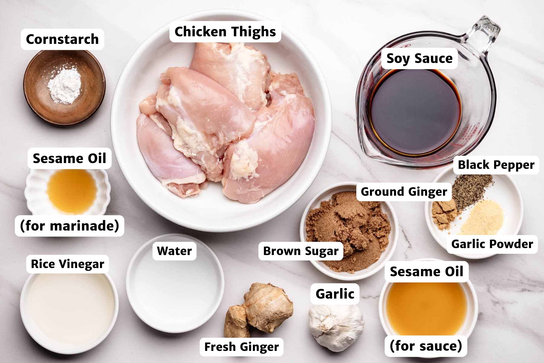Labeled overhead image of ingredients for air fryer teriyaki chicken thighs, including raw chicken thighs, soy sauce, brown sugar, garlic, fresh ginger, rice vinegar, sesame oil, cornstarch, water, garlic powder, ground ginger, and black pepper.
