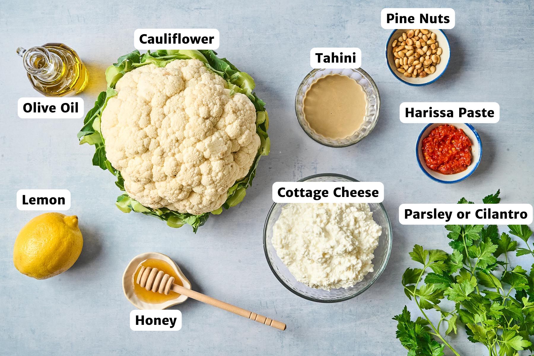 Labeled ingredients for harissa roasted cauliflower, including whole cauliflower, cottage cheese, tahini, pine nuts, harissa paste, fresh parsley, lemon, honey, and olive oil arranged on a light blue background.